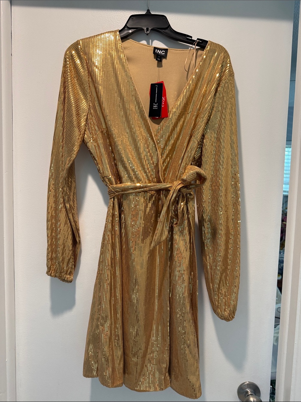 INC International Concepts Gold Sequin Wrap-Style Long Sleeve Dress NWT